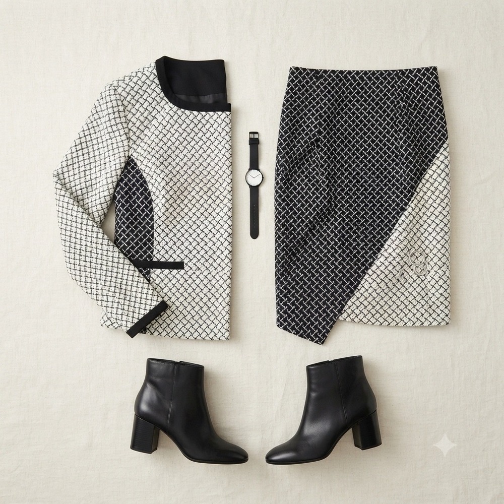 Carlisle Skirt Suit Women 6/10 Black White Geometric Basketweave Professional